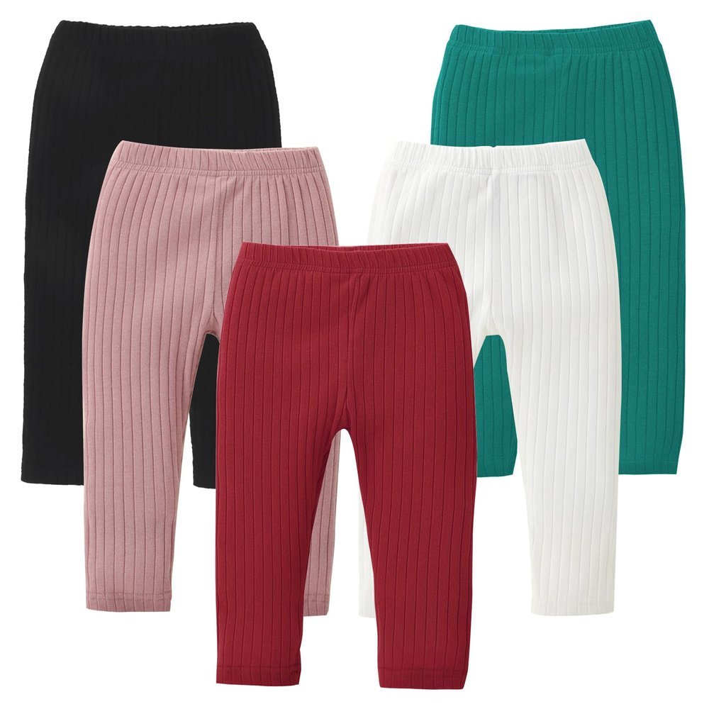 DREAM BUS 5 Pack Toddler Girl Pants Baby Girl Solid Ribbed Pants Toddler Girls Bottoms Leggings Newborn Cotton Jogger