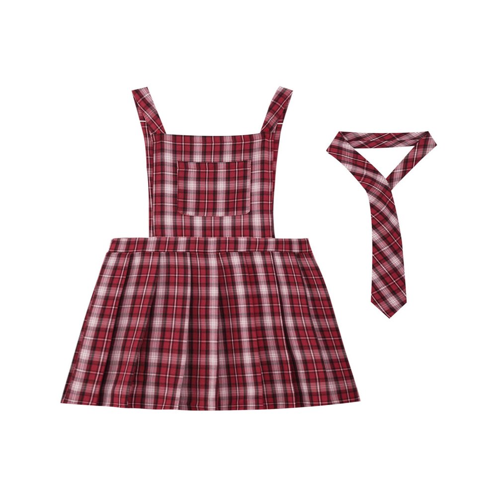 JEATHA Kids Girls School Uniform Jumper Plaid Overalls Dresses Summer Sleeveless Pleated Dress with Tie Red 12 Years