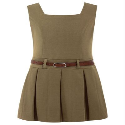 JEATHA Kids Girls School Uniform Jumper Dresses Summer Sleeveless V Back Solid Color Pleated Dress with Belt Khaki 12 Years