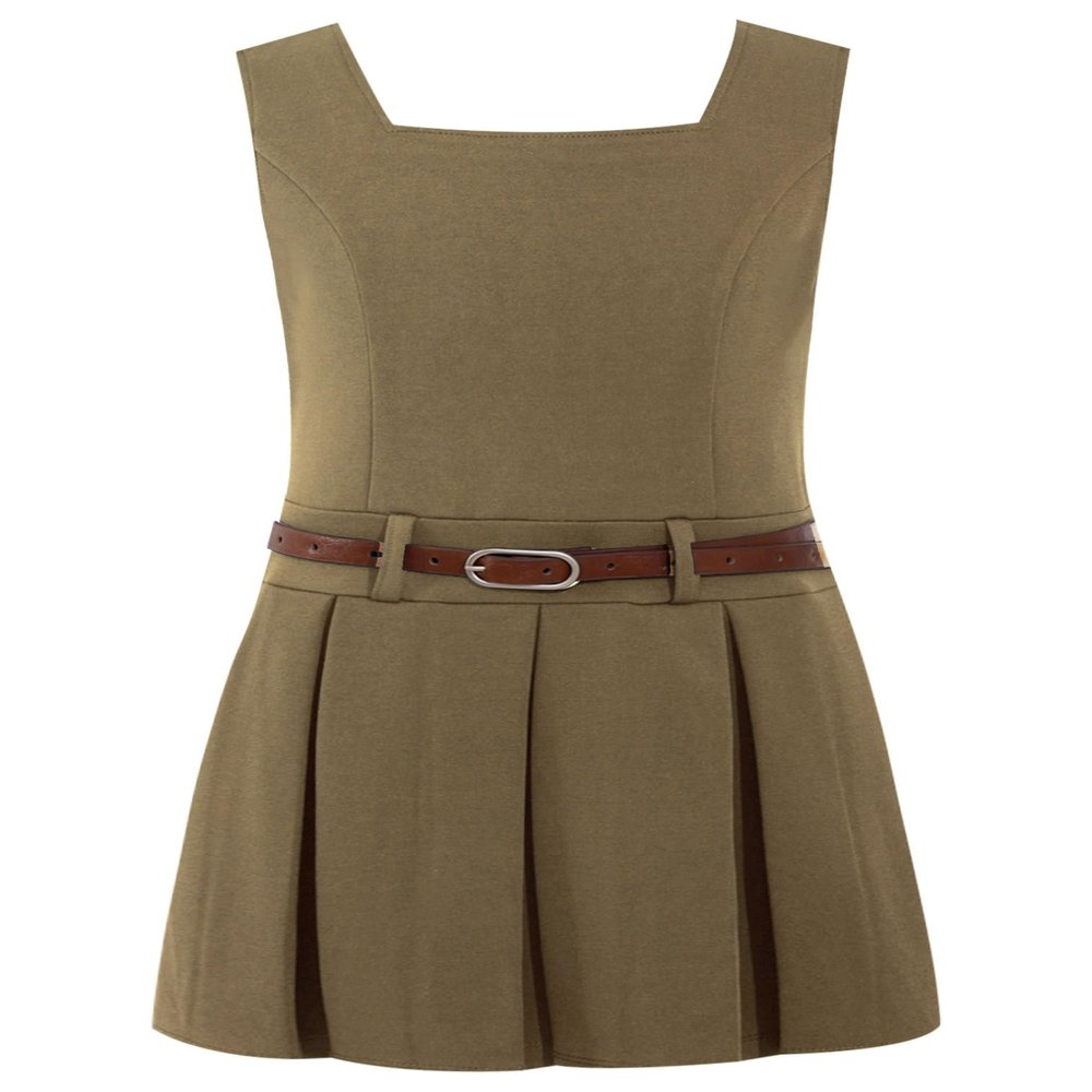 JEATHA Kids Girls School Uniform Jumper Dresses Summer Sleeveless V Back Solid Color Pleated Dress with Belt Khaki 12 Years