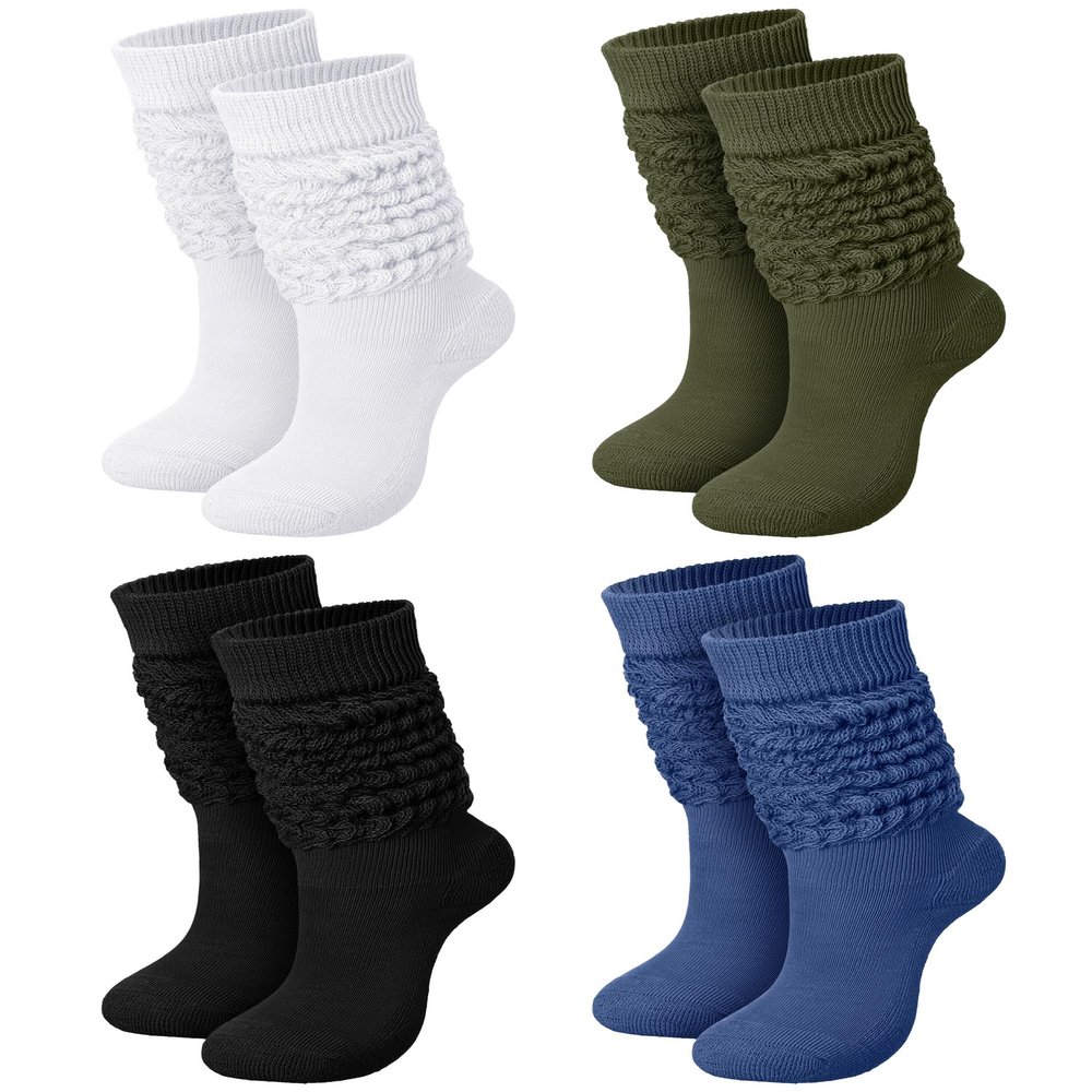 Janmercy 4 Pairs Slouch Socks for Women Bulk Boot Stacked 80s 90s Neon Slouch Knit Scrunchie Winter Warm Socks(Medium,White, Blue, Green, Black)