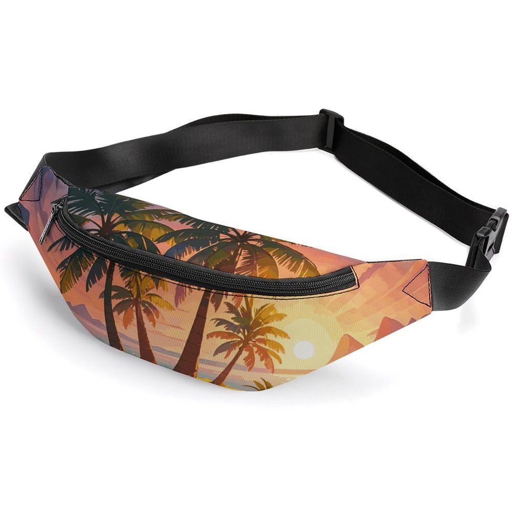 Fanny Pack for Men Women Sunrise Tropical Palm Tree Island Waist Pack Small Belt Bag with Adjustable Strap Waterproof Sling Bag Fashion Crossbody Bag Bum Bag for Travel Hiking Running