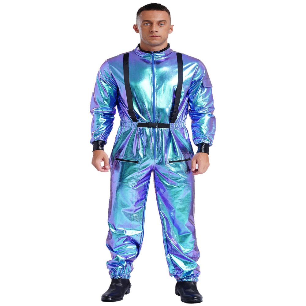 ACSUSS Men's Astronaut Cosplay Costume Adult Space Suit Costume Shiny Full Body Bodysuit Set Blue X-Large
