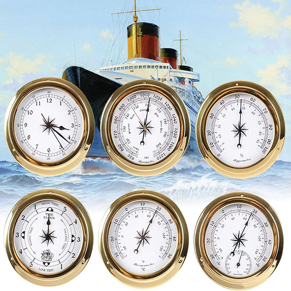 EDCWDTYYEC Traditional Barometer Traditional Weather Station 120mm Wall Mounted Thermometer Hygrometer Barometer Watch Tidal Clock Weather Station Copper Shell for Hotels, Warehouses, Offices Baromete