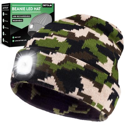 DETDLIB Gifts for Men, USB Rechargeable LED Headlamp Beanie, Valentines Day Gifts for Him, Men, Husband, Dad, Father, Mechanic, Women, Camouflage