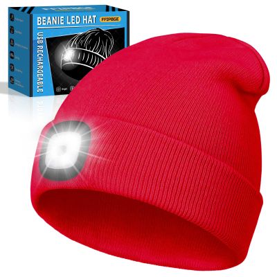 FFIPBGE Christmas Stocking Stuffers for Men Adults, Beanie Hats with Light, USB Rechargeable LED Hand Free Headlamp, Birthday Gifts for Men, Women, and Teens, Ideal for Camping, Hiking, Red