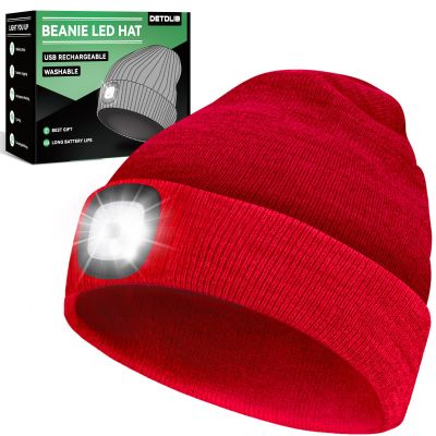 DETDLIB Gifts for Men, USB Rechargeable LED Headlamp Beanie, Valentines Day Gifts for Him, Men, Husband, Dad, Father, Mechanic, Women, Red