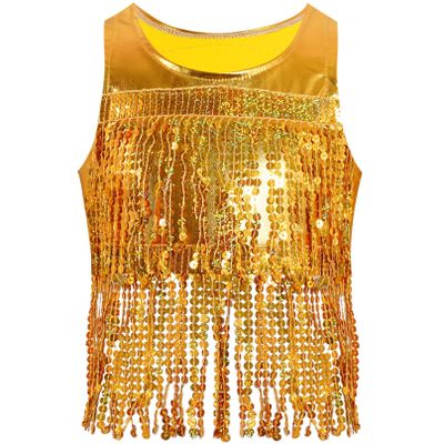 Agoky Sequins Dance Crop Top Glitter Metallic Fringe Vest Rave Dance Top Party Costume for Girls 2-16 Years Gold 15-16 Years
