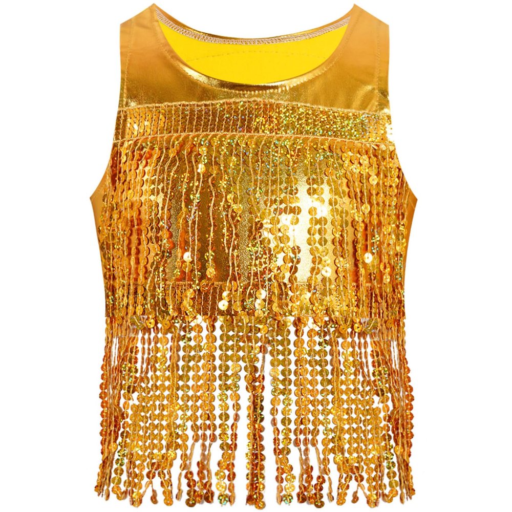 Agoky Sequins Dance Crop Top Glitter Metallic Fringe Vest Rave Dance Top Party Costume for Girls 2-16 Years Gold 15-16 Years