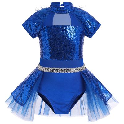 ODASDO Girls Shiny Sequins Ballet Dance Leotard Kids Mock Neck Short Sleeve Feather Tutu Dress Child Hip Hop Latin Jazz Stage Performance Circus Acrobat Gymnastics Jumpsuit Royal Blue 5-6Y