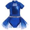 ODASDO Girls Shiny Sequins Ballet Dance Leotard Kids Mock Neck Short Sleeve Feather Tutu Dress Child Hip Hop Latin Jazz Stage Performance Circus Acrobat Gymnastics Jumpsuit Royal Blue 5-6Y view 1