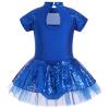ODASDO Girls Shiny Sequins Ballet Dance Leotard Kids Mock Neck Short Sleeve Feather Tutu Dress Child Hip Hop Latin Jazz Stage Performance Circus Acrobat Gymnastics Jumpsuit Royal Blue 5-6Y view 2