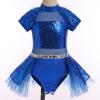 ODASDO Girls Shiny Sequins Ballet Dance Leotard Kids Mock Neck Short Sleeve Feather Tutu Dress Child Hip Hop Latin Jazz Stage Performance Circus Acrobat Gymnastics Jumpsuit Royal Blue 5-6Y view 3