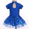 ODASDO Girls Shiny Sequins Ballet Dance Leotard Kids Mock Neck Short Sleeve Feather Tutu Dress Child Hip Hop Latin Jazz Stage Performance Circus Acrobat Gymnastics Jumpsuit Royal Blue 5-6Y view 4