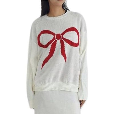 Qmlyev Women Y2K Fall Sweater Cute Bow Print Long Sleeve Cable Knit Pullover Casual Oversized Jumpers for Women (White Red, L)