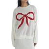 Qmlyev Women Y2K Fall Sweater Cute Bow Print Long Sleeve Cable Knit Pullover Casual Oversized Jumpers for Women (White Red, L) view 1