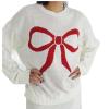 Qmlyev Women Y2K Fall Sweater Cute Bow Print Long Sleeve Cable Knit Pullover Casual Oversized Jumpers for Women (White Red, L) view 2