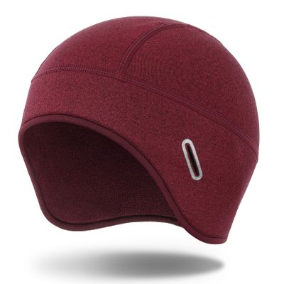 MELASA Winter Helmet Liner Skull Cap for Men Women, Thermal Beanie Fleece Lined Ear Warmers Cycling Cap with Glasses Holes, Fit Under Helmet Red