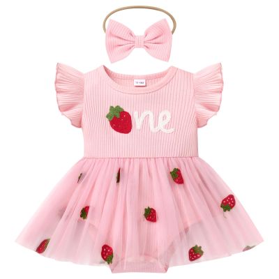 IDOPIP Infant Baby Girls Birthday Romper Tutu Dress Toddler Ribbed Knit Pageant Tulle Dress with Headband Cake Smash Baptism Outfit Strawberry Embroidered Christening Gown Strawberry 9-12 Months