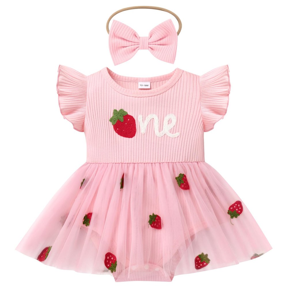 IDOPIP Infant Baby Girls Birthday Romper Tutu Dress Toddler Ribbed Knit Pageant Tulle Dress with Headband Cake Smash Baptism Outfit Strawberry Embroidered Christening Gown Strawberry 9-12 Months