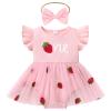 IDOPIP Infant Baby Girls Birthday Romper Tutu Dress Toddler Ribbed Knit Pageant Tulle Dress with Headband Cake Smash Baptism Outfit Strawberry Embroidered Christening Gown Strawberry 9-12 Months view 1