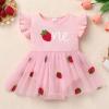 IDOPIP Infant Baby Girls Birthday Romper Tutu Dress Toddler Ribbed Knit Pageant Tulle Dress with Headband Cake Smash Baptism Outfit Strawberry Embroidered Christening Gown Strawberry 9-12 Months view 2