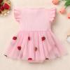IDOPIP Infant Baby Girls Birthday Romper Tutu Dress Toddler Ribbed Knit Pageant Tulle Dress with Headband Cake Smash Baptism Outfit Strawberry Embroidered Christening Gown Strawberry 9-12 Months view 3