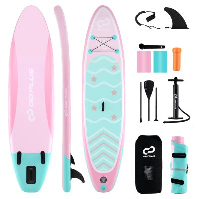 Goplus Inflatable Stand Up Paddle Board, 10FT/10.5FT/11FT SUP with Accessory Pack, Adjustable Paddle, Carry Bag, Fin, Hand Pump, Leash, Repair Kit (Pink+Mint Green Wave, 11 FT)