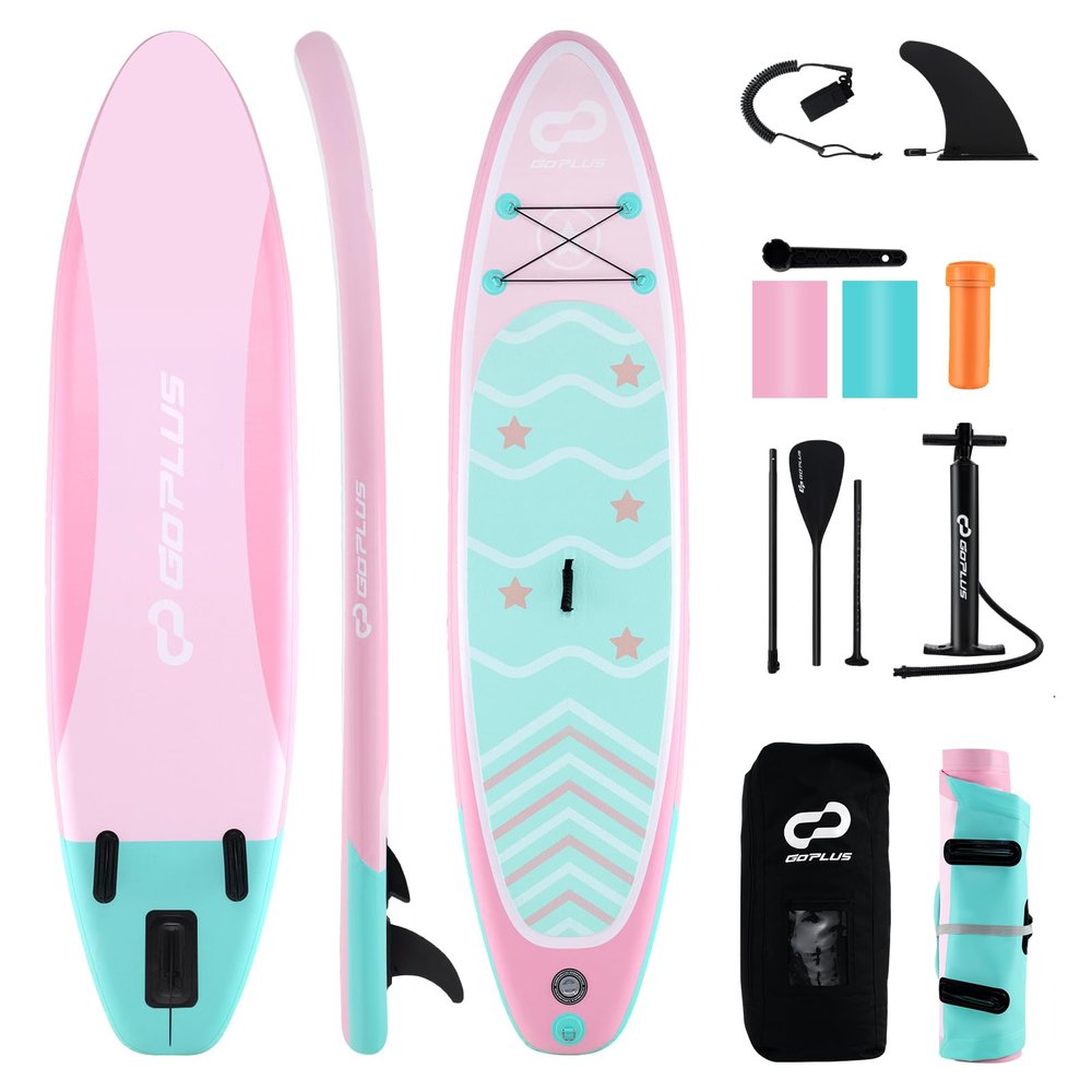 Goplus Inflatable Stand Up Paddle Board, 10FT/10.5FT/11FT SUP with Accessory Pack, Adjustable Paddle, Carry Bag, Fin, Hand Pump, Leash, Repair Kit (Pink+Mint Green Wave, 11 FT)