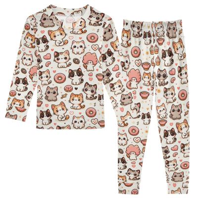 ALAZA Cat Kitten Donuts Love Heart 2 Piece Pajama Set Long Sleeve Top and Pants Sleepwear Unisex 6Y