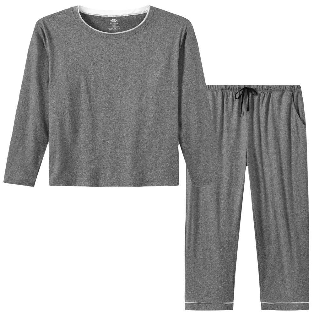 MoFiz Mens Long Sleeve Pajama Set 2 Piece Nightwear Loungewear Sleepwear Ultra Soft Modal Top Pants with Pockets Christmas Pyjamas Set Grey 2X-L arge