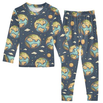 ALAZA Earth Cartoon Cloud Blue 2 Piece Pajama Set Long Sleeve Top and Pants Sleepwear Unisex 4T