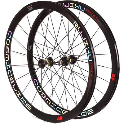 Bicycle Bike Wheel Set 700C Road Bike Wheelset Double Wall Rim 40Mm Fixed Gear Bike Wheel 1.37 24 TPI Single Speed Carbon Fiber Hub Sealed Bearing Bicycle Wheel(B)