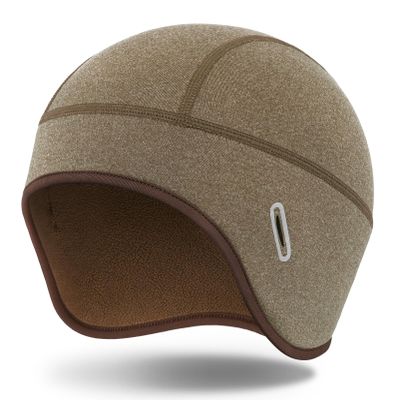 MELASA Winter Helmet Liner Skull Cap for Men Women, Thermal Beanie Fleece Lined Ear Warmers Cycling Cap with Glasses Holes, Fit Under Helmet Brown