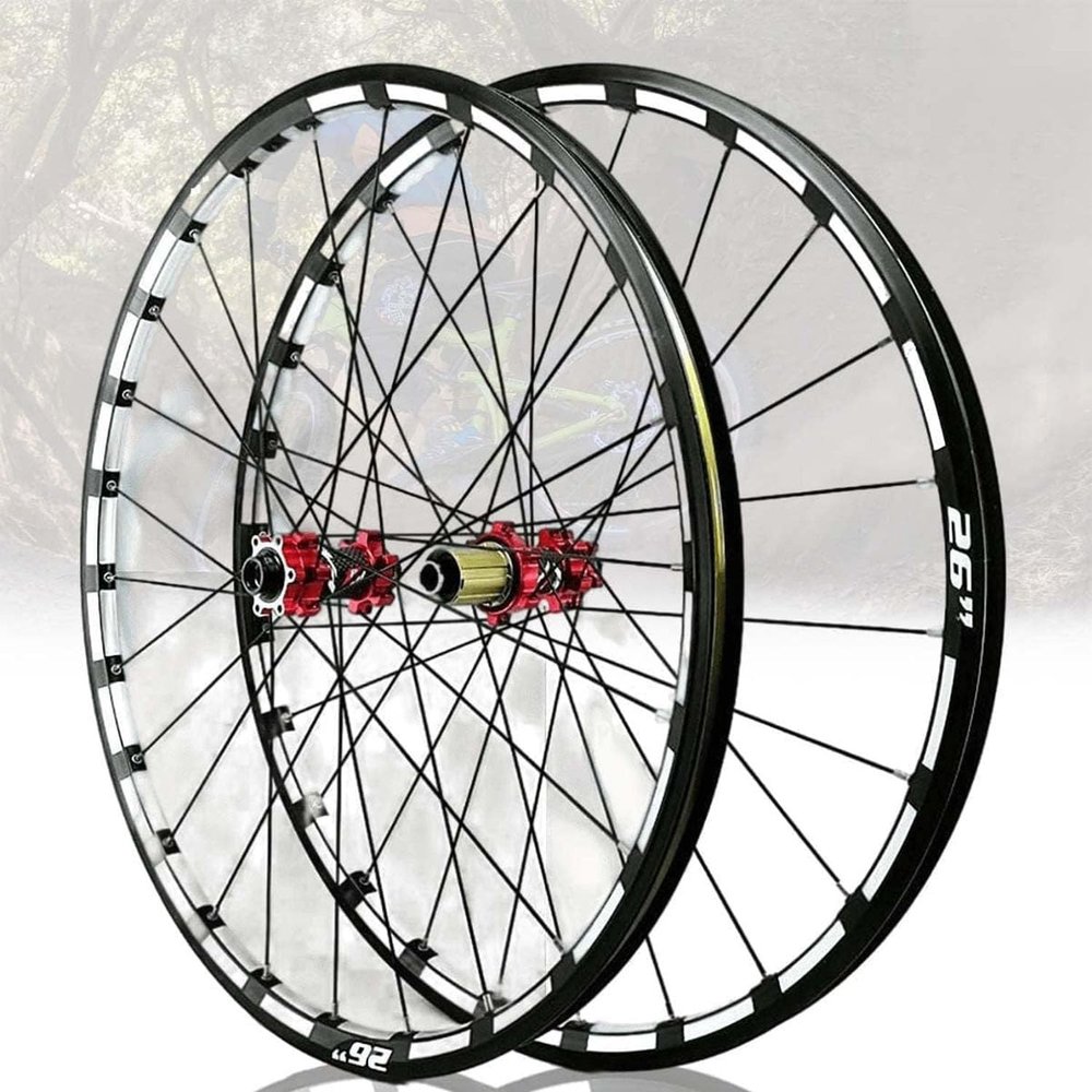 Bicycle Bike Wheel Set 26'' 27.5'' 29'' Bike Wheelset, Thru Axle Mountain Bike Front Wheel Rear Wheelset Double Layer Disc Brake 24-Bolt Straight-Pull Hub For 7-12 Speed Bicycle Wheels Wheelset(Red,27