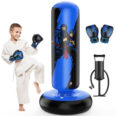 QPAU Punching Bag for Kids, 66 Inch Stable Inflatable Boxing Bag with Boxing Gloves, Stand Kids Punching Bag Toy for Boys & Girls Age 5-12, Boxing Set for Practicing Karate, Taekwondo, MMA (Blue)