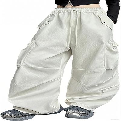 SANGTREE Girls' Baggy Cargo Pants Y2k Drawstring Elastic Waist Streetwear Hip Hop Casual Trousers, Off-White, 7-8 Years = Tag 140