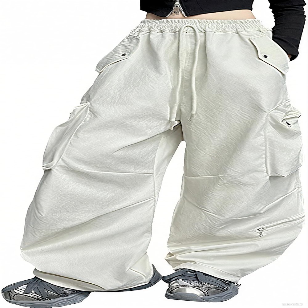 SANGTREE Girls' Baggy Cargo Pants Y2k Drawstring Elastic Waist Streetwear Hip Hop Casual Trousers, Off-White, 7-8 Years = Tag 140