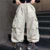 SANGTREE Girls' Baggy Cargo Pants Y2k Drawstring Elastic Waist Streetwear Hip Hop Casual Trousers, Off-White, 7-8 Years = Tag 140 view 3