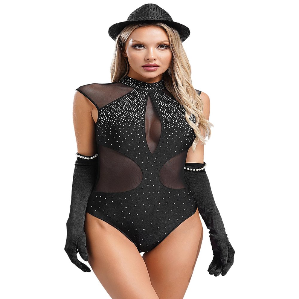 iiniim Womens Dance Outfits Sleeveless Sequins Cutout Back Leotard with Gloves Hat Dance Party Clubwear Black Medium