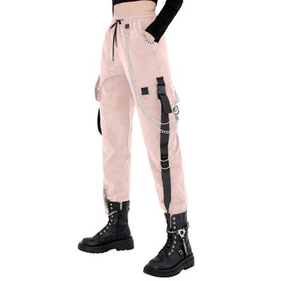 MEINVQIAOTI Black Cargo Pants for Women Techwear Women Loose Street Rock Style Casual Black Pants with Chain Goth Pants (Pink,L)