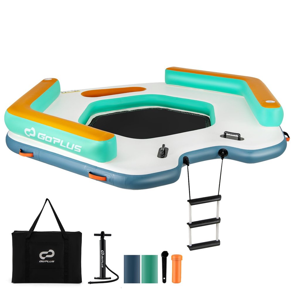 Goplus Inflatable Floating Dock, 8.7FT x 8.7FT Inflatable Dock Platform w/Detachable Ladder, Carry Bag, Water Mat Floating Platform Island Raft for Lake, Beach, Pool