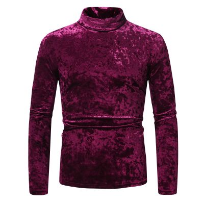 Mens Velvet Velour Luxury Shirts Vintage Long Sleeve Mock Neck Warm Slim Fit Pullover Tops Wedding Dance Party Shirts Wine