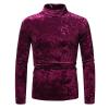 Mens Velvet Velour Luxury Shirts Vintage Long Sleeve Mock Neck Warm Slim Fit Pullover Tops Wedding Dance Party Shirts Wine view 1