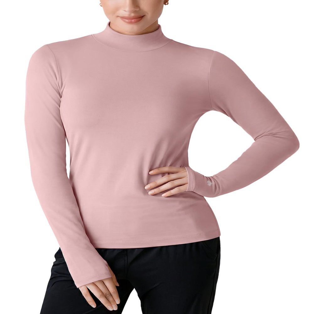 Long Sleeve Workout Top Mock Neck Thumb Holes(Pink,L)