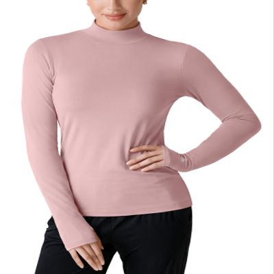 Zengjo Mock Neck Long Sleeve Tops for Women Athletic Workout Running with Thumbhole(Pink,M)