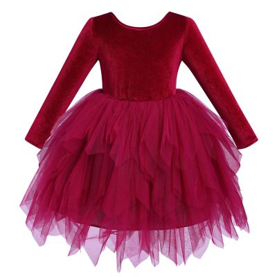 IBTOM CASTLE Girls Velvet Dress Christmas Long Sleeve Party Dress Toddler Xmas Birthday Outfit Flower Girl Asymmetric Tulle Tutu Dress Bowknot Wedding Holiday Fall Winter Red 18-24 Months