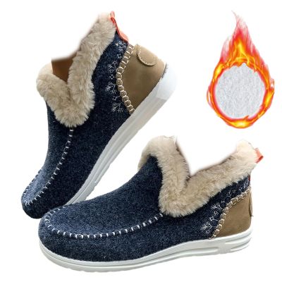Women's Flat Fluffy Ankle Boots,Mini Boots Ankle,Anti-Slip Warm Snow Booties,Round Toe,Embroidered Patchwork Slip-On (Navy Blue,37/6.5-7)