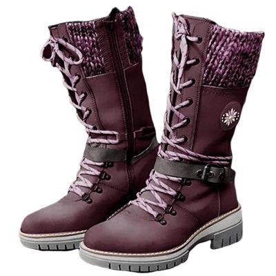 Women Buckle Knitted Mid Calf Boots Winter Warm Lace up Outdoor Casual Cowboy Boots Round Toe Dressy Snow Booties