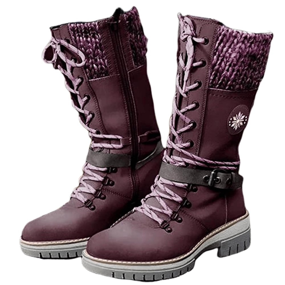 Women Buckle Knitted Mid Calf Boots Winter Warm Lace up Outdoor Casual Cowboy Boots Round Toe Dressy Snow Booties